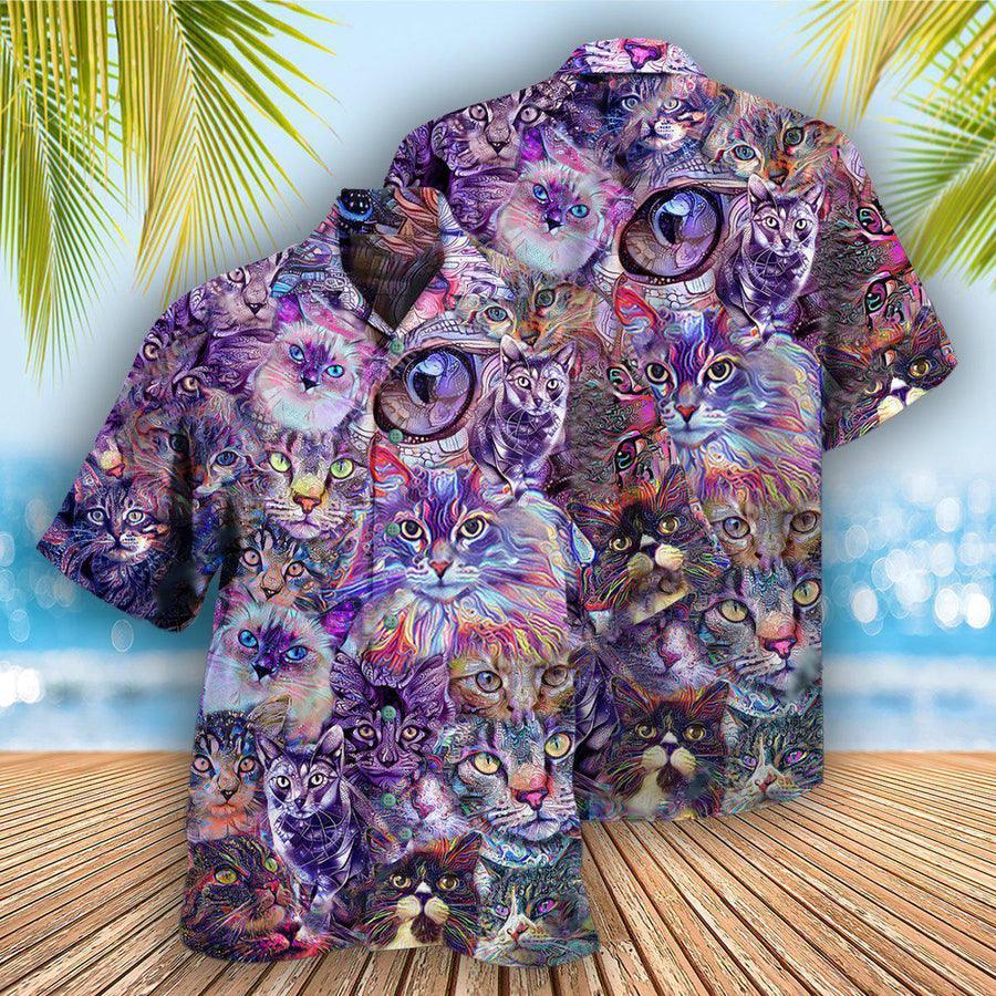 Cat Hawaiian Shirt For Summer, Cat Psychedelic Purple Aloha Shirts, Colorful Cool Cat Hawaiian Shirts Outfit For Men Women, Friend, Team, Cat Lovers - Amzanimalsgift