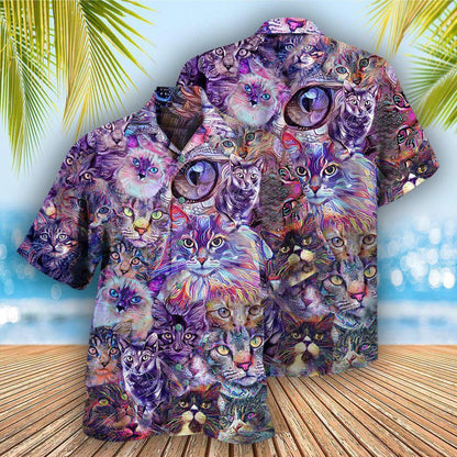 Cat Hawaiian Shirt For Summer, Cat Psychedelic Purple Aloha Shirts, Colorful Cool Cat Hawaiian Shirts Outfit For Men Women, Friend, Team, Cat Lovers - Amzanimalsgift