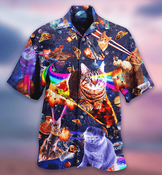 Cat Hawaiian Shirt For Summer, Cat Ride Food In Space Galaxy Aloha Shirt, Colorful Cool Cat Hawaiian Shirts For Men Women, Friend, Team, Cat Lovers - Amzanimalsgift