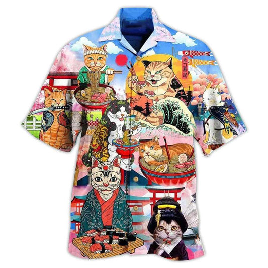 Cat Hawaiian Shirt For Summer, Cat Samurai With Ramen Aloha Shirts, Colorful Cool Cat Hawaiian Shirts Outfit For Men Women, Friend, Team, Cat Lovers - Amzanimalsgift