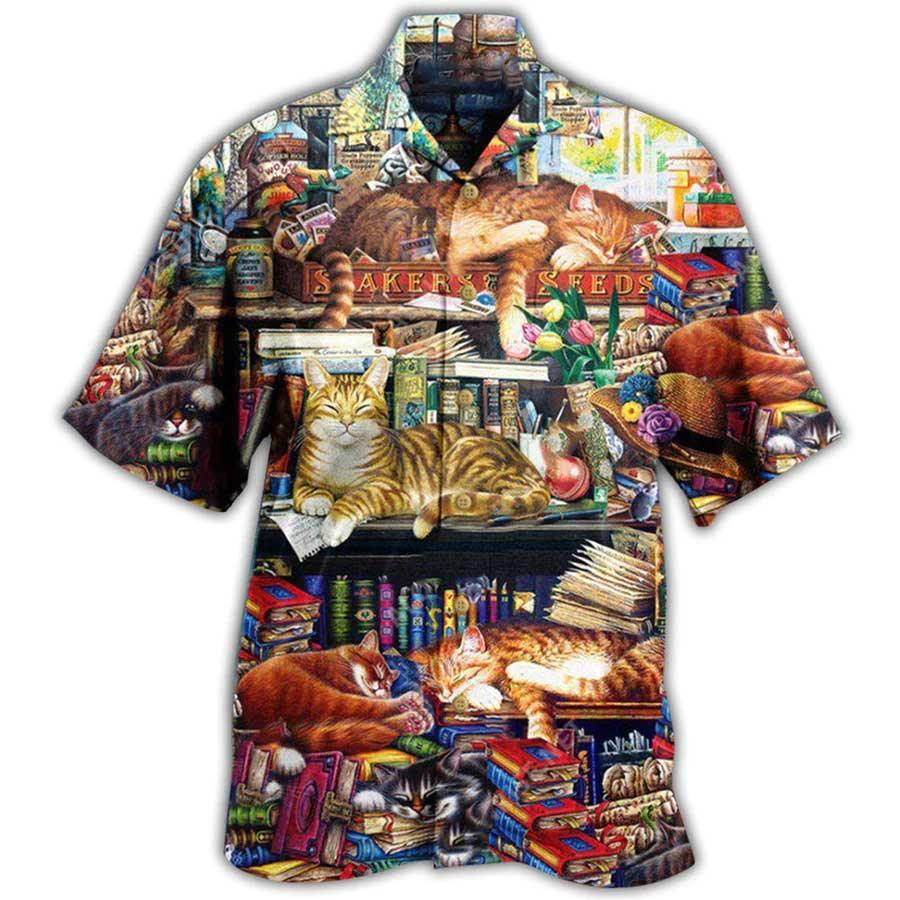 Cat Hawaiian Shirt For Summer, Cat Sleeping With Books Aloha Shirts, Cat Hawaiian Shirts Outfit For Men Women, Friend, Team, Cat Lovers - Amzanimalsgift