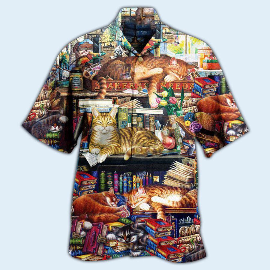 Cat Hawaiian Shirt For Summer, Cat Sleeping With Books Aloha Shirts, Cat Hawaiian Shirts Outfit For Men Women, Friend, Team, Cat Lovers - Amzanimalsgift