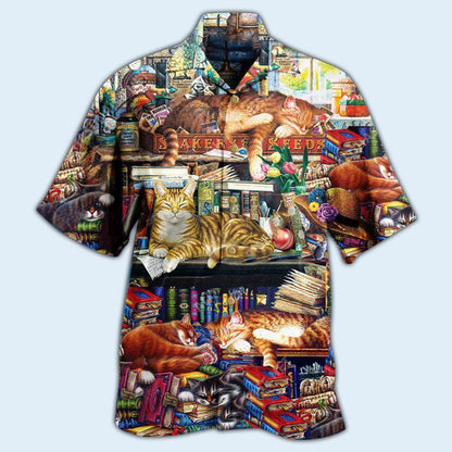 Cat Hawaiian Shirt For Summer, Cat Sleeping With Books Aloha Shirts, Cat Hawaiian Shirts Outfit For Men Women, Friend, Team, Cat Lovers - Amzanimalsgift