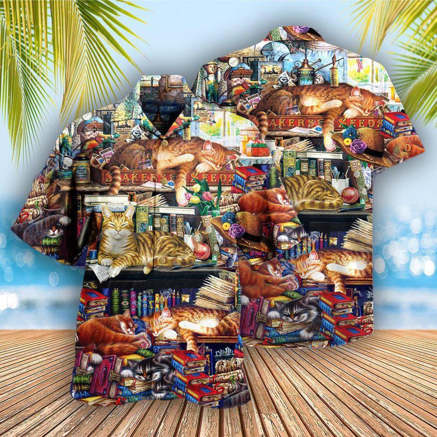 Cat Hawaiian Shirt For Summer, Cat Sleeping With Books Aloha Shirts, Cat Hawaiian Shirts Outfit For Men Women, Friend, Team, Cat Lovers - Amzanimalsgift