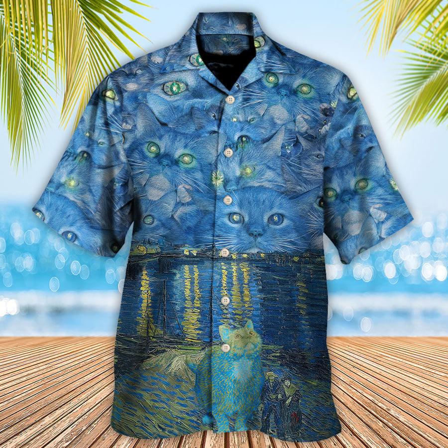 Cat Hawaiian Shirt For Summer, Cat Starry Night Art Aloha Shirts - Best Cool Cat Hawaiian Shirts Outfit For Men Women, Friend, Team, Cat Lovers - Amzanimalsgift