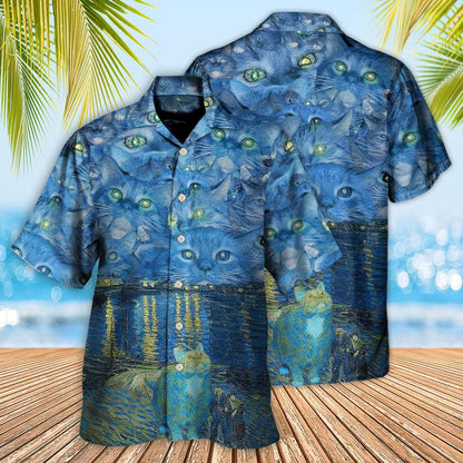 Cat Hawaiian Shirt For Summer, Cat Starry Night Art Aloha Shirts - Best Cool Cat Hawaiian Shirts Outfit For Men Women, Friend, Team, Cat Lovers - Amzanimalsgift