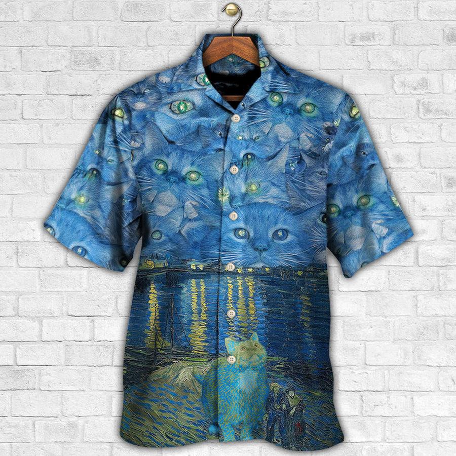 Cat Hawaiian Shirt For Summer, Cat Starry Night Art Aloha Shirts - Best Cool Cat Hawaiian Shirts Outfit For Men Women, Friend, Team, Cat Lovers - Amzanimalsgift