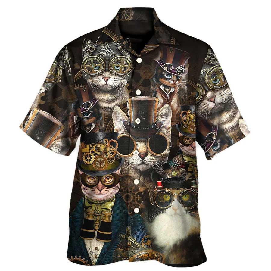 Cat Hawaiian Shirt For Summer, Cat Steampunk Art Machines Aloha Shirts - Best Colorful Cool Cat Hawaiian Shirts For Men Women, Friend, Cat Lovers - Amzanimalsgift