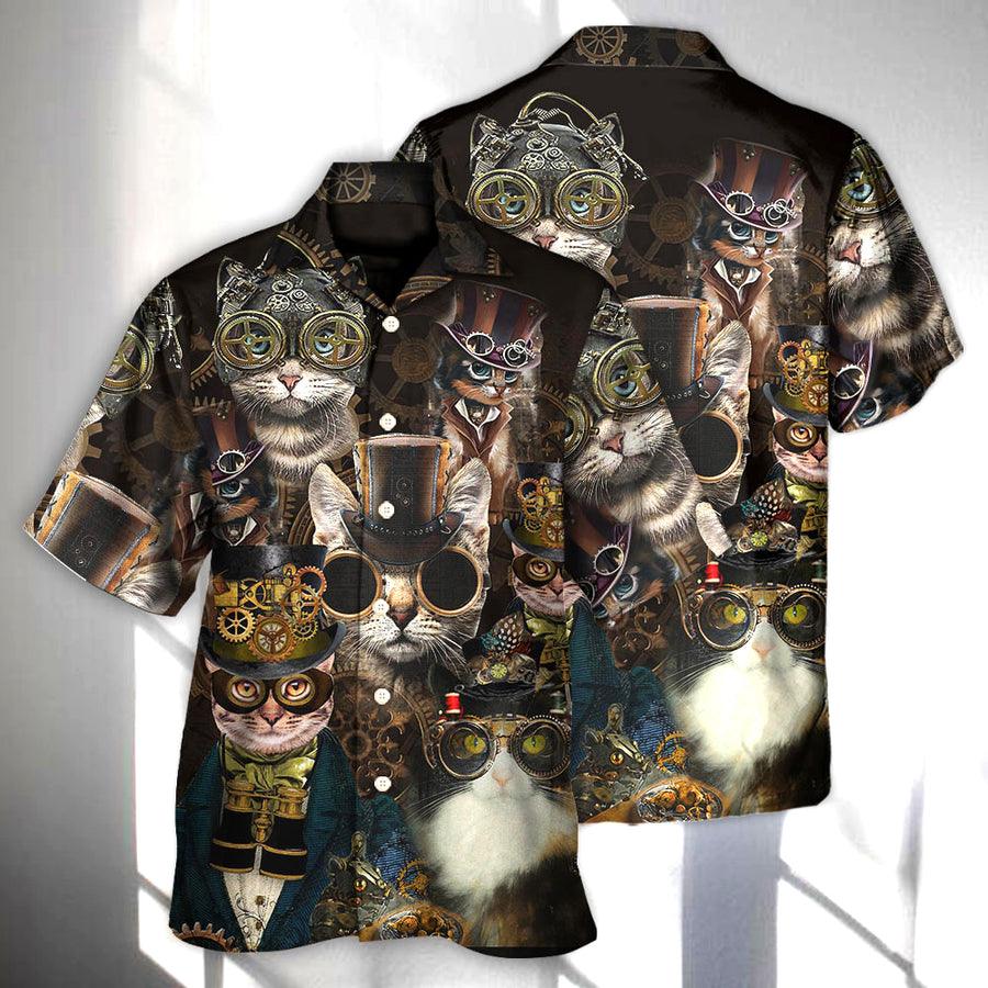 Cat Hawaiian Shirt For Summer, Cat Steampunk Art Machines Aloha Shirts - Best Colorful Cool Cat Hawaiian Shirts For Men Women, Friend, Cat Lovers - Amzanimalsgift
