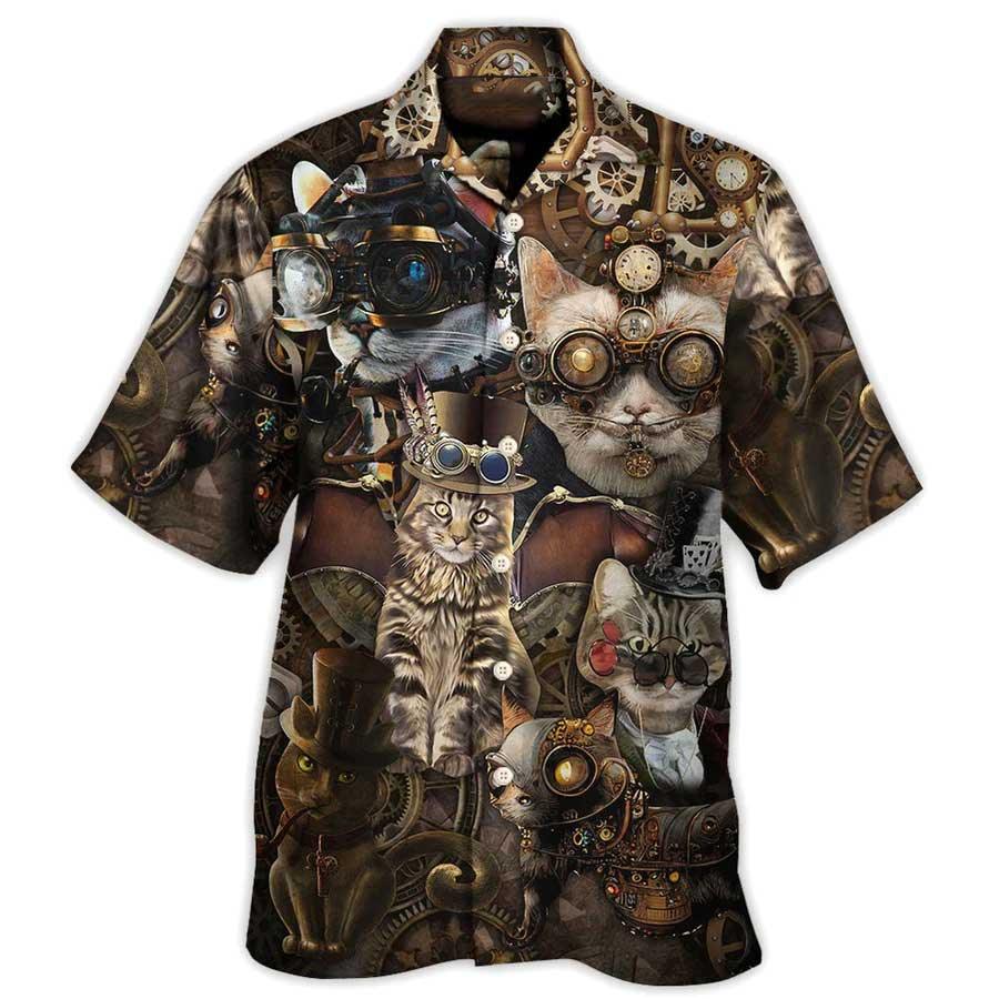 Cat Hawaiian Shirt For Summer, Cat Steampunk We're All Mad Here Aloha Shirts - Best Cat Hawaiian Shirts For Men Women, Friend, Team, Cat Lovers - Amzanimalsgift