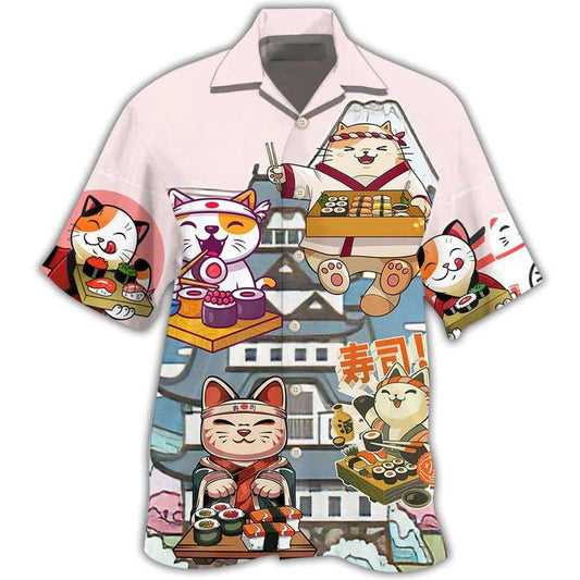 Cat Hawaiian Shirt For Summer, Cat Sushi Aloha Shirts, Best Colorful Cool Cat Hawaiian Shirts Outfit For Men Women, Friend, Team, Cat Lovers - Amzanimalsgift