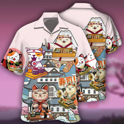 Cat Hawaiian Shirt For Summer, Cat Sushi Aloha Shirts, Best Colorful Cool Cat Hawaiian Shirts Outfit For Men Women, Friend, Team, Cat Lovers - Amzanimalsgift