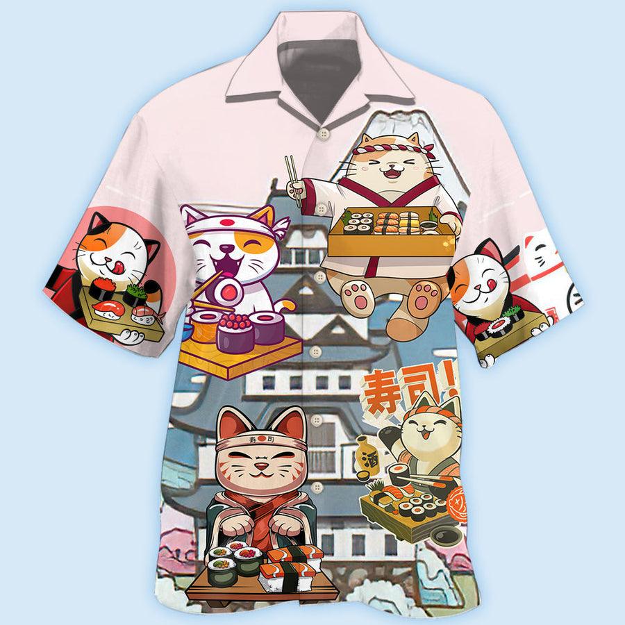 Cat Hawaiian Shirt For Summer, Cat Sushi Aloha Shirts, Best Colorful Cool Cat Hawaiian Shirts Outfit For Men Women, Friend, Team, Cat Lovers - Amzanimalsgift