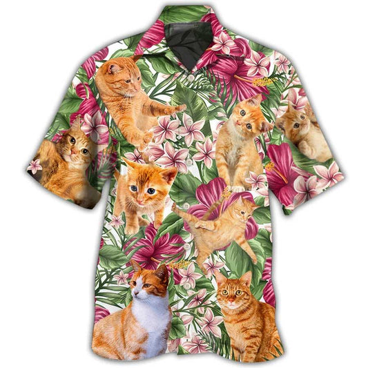 Cat Hawaiian Shirt For Summer, Cat Tropical Floral Orange Aloha Shirts, Best Colorful Cool Cat Hawaiian Shirts Outfit For Men Women, Friend, Team, Cat Lover - Amzanimalsgift