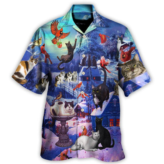 Cat Hawaiian Shirt For Summer, Cat Watching Cardinal Birds Hawaiian Shirts Outfit For Men Women, Friend, Cat Lovers - Amzanimalsgift