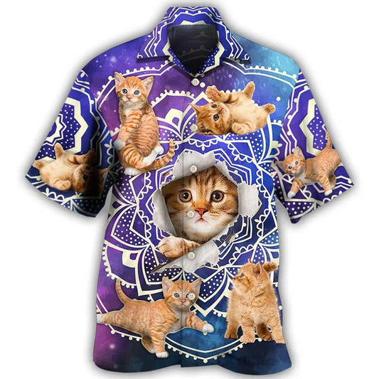 Cat Hawaiian Shirt For Summer, Cat Yoga Pose Galaxy Aloha Shirts - Best Colorful Cool Cat Hawaiian Shirts Outfit For Men Women, Friend, Cat Lovers - Amzanimalsgift