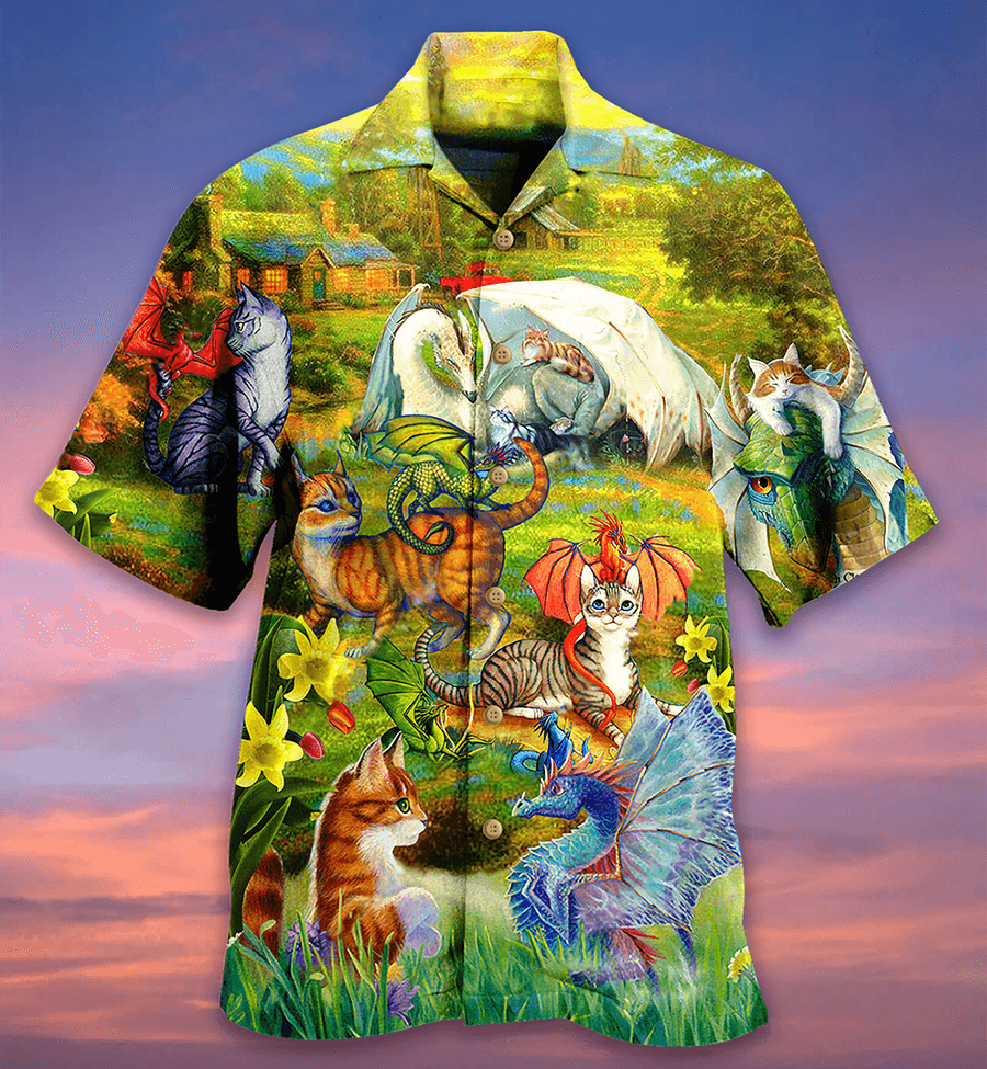 Cat Hawaiian Shirt For Summer, Dragons And Cats Love Life Beautiful Nature Hawaiian Shirts Outfit For Men Women, Dragon Cat Lovers - Amzanimalsgift