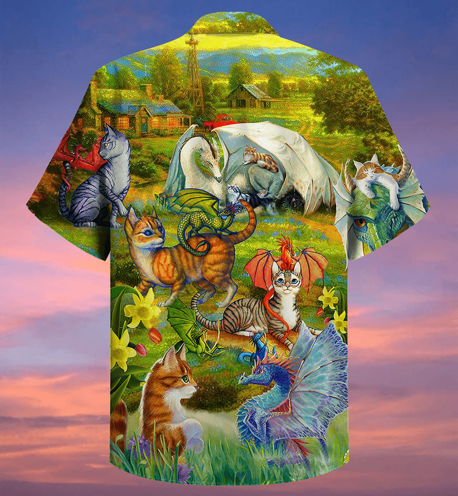 Cat Hawaiian Shirt For Summer, Dragons And Cats Love Life Beautiful Nature Hawaiian Shirts Outfit For Men Women, Dragon Cat Lovers - Amzanimalsgift