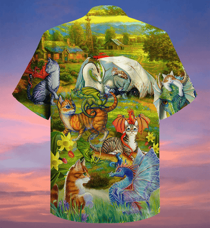 Cat Hawaiian Shirt For Summer, Dragons And Cats Love Life Beautiful Nature Hawaiian Shirts Outfit For Men Women, Dragon Cat Lovers - Amzanimalsgift
