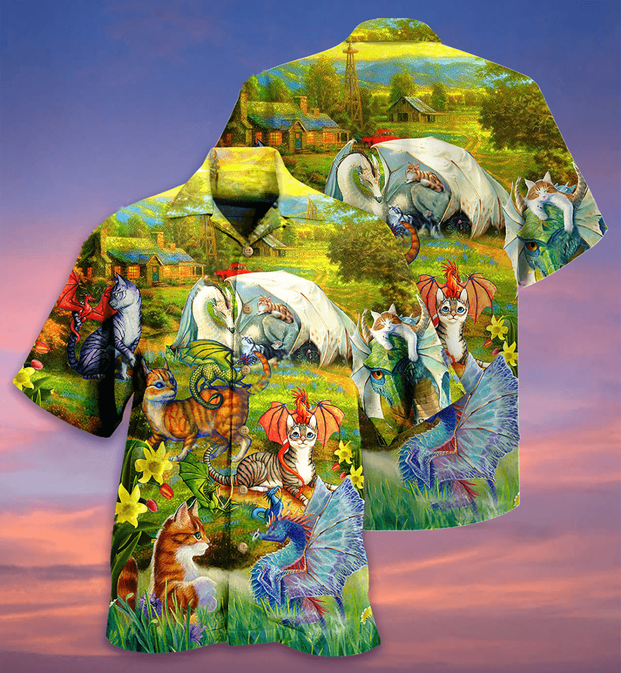 Cat Hawaiian Shirt For Summer, Dragons And Cats Love Life Beautiful Nature Hawaiian Shirts Outfit For Men Women, Dragon Cat Lovers - Amzanimalsgift