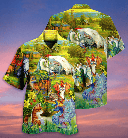 Cat Hawaiian Shirt For Summer, Dragons And Cats Love Life Beautiful Nature Hawaiian Shirts Outfit For Men Women, Dragon Cat Lovers - Amzanimalsgift