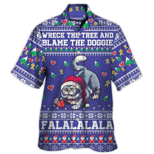 Cat Hawaiian Shirt For Summer, Funny Cat Art Christmas, Cat Wreck The Tree And Blame The Doggies Hawaiian Shirts Outfit For Men, Women, Cat Lovers - Amzanimalsgift