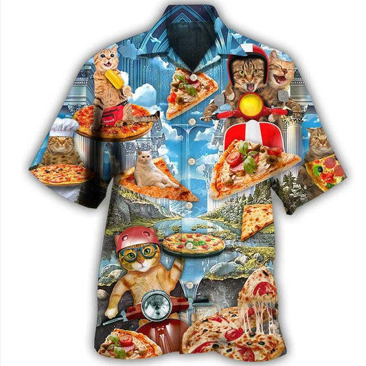 Cat Hawaiian Shirt For Summer, Pizza Cat Aloha Shirts - Best Colorful Cool Cat Hawaiian Shirts Outfit For Men Women, Friend, Team, Cat Lovers - Amzanimalsgift