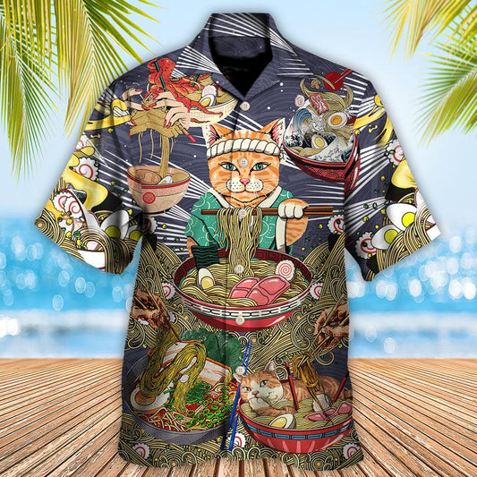 Cat Hawaiian Shirts For Summer, Cat Eating Ramen - Perfect Gift For Men Women, Friend, Team, Cat Lovers - Amzanimalsgift