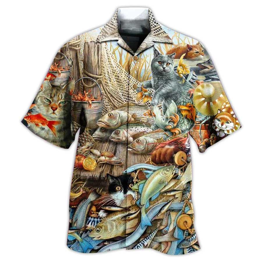 Cat Hawaiian Shirts For Summer, Cat Fish Delicious Meal Aloha Shirts, Best Cool Cat Hawaiian Shirts Outfit For Men Women, Friend, Team, Cat Lovers - Amzanimalsgift