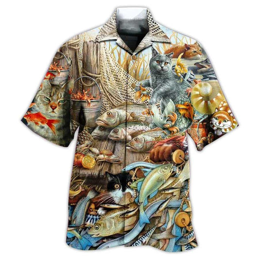 Cat Hawaiian Shirts For Summer, Cat Fish Delicious Meal Aloha Shirts, Best Cool Cat Hawaiian Shirts Outfit For Men Women, Friend, Team, Cat Lovers - Amzanimalsgift