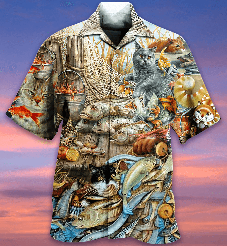 Cat Hawaiian Shirts For Summer, Cat Fish Delicious Meal Aloha Shirts, Best Cool Cat Hawaiian Shirts Outfit For Men Women, Friend, Team, Cat Lovers - Amzanimalsgift
