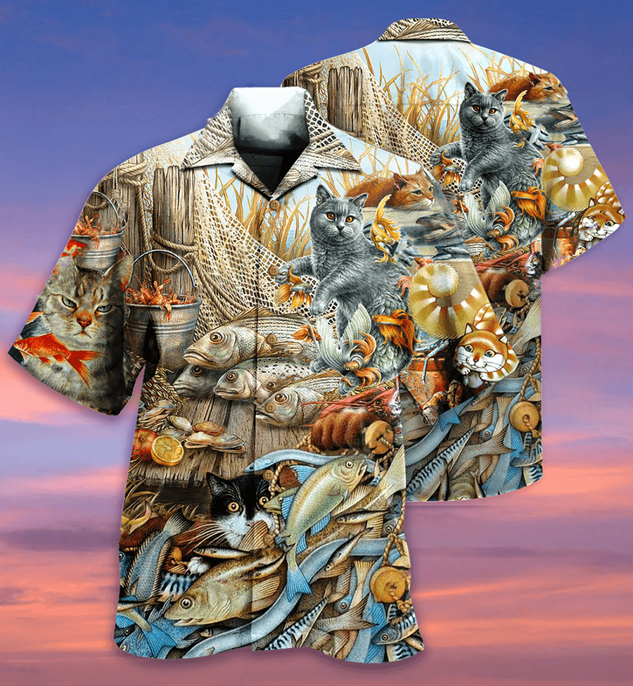 Cat Hawaiian Shirts For Summer, Cat Fish Delicious Meal Aloha Shirts, Best Cool Cat Hawaiian Shirts Outfit For Men Women, Friend, Team, Cat Lovers - Amzanimalsgift