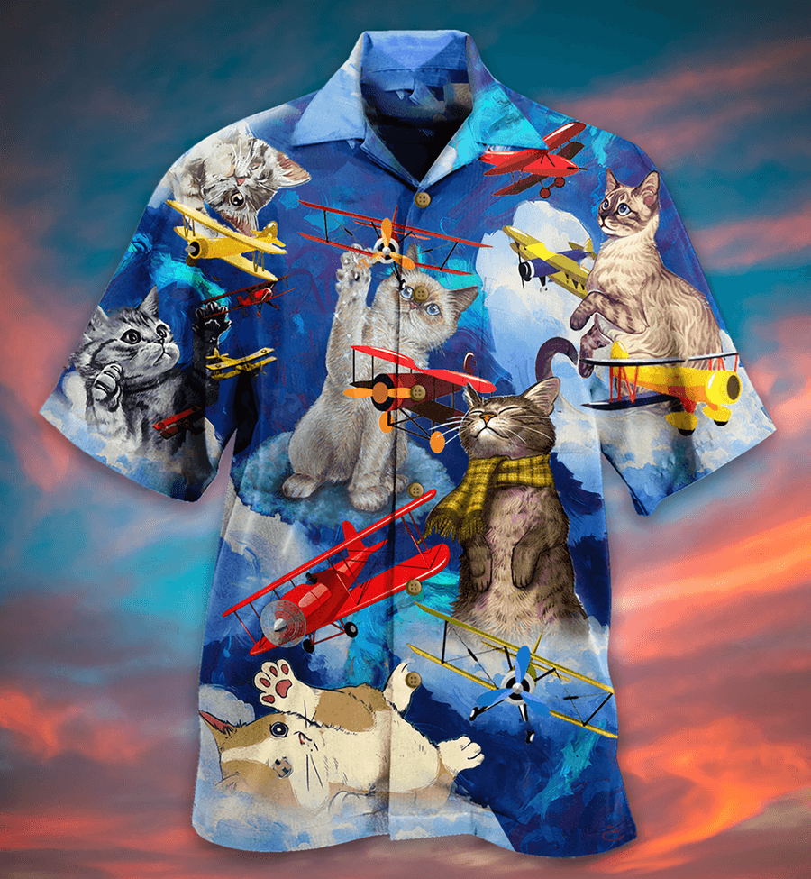 Cat Hawaiian Shirts For Summer, Cat Fly Blue Sky Aloha Shirts, Best Colorful Cool Cat Hawaiian Shirts Outfit - Perfect Gift For Men Women, Friend, Team, Cat Lovers - Amzanimalsgift