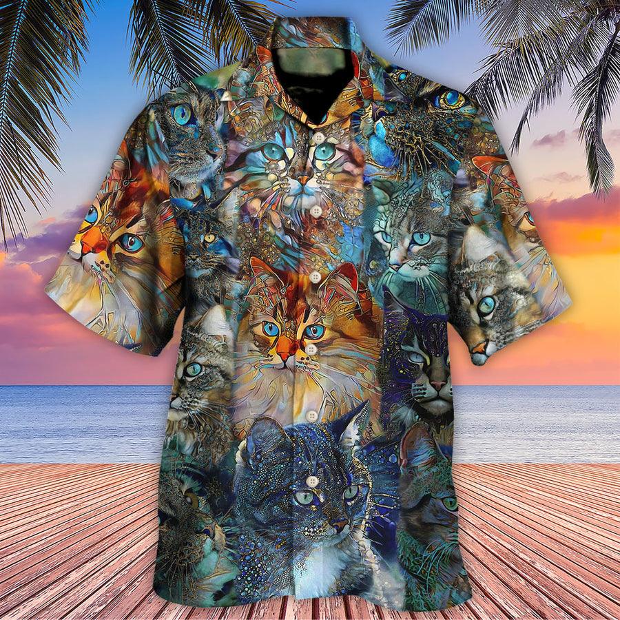 Cat Hawaiian Shirts For Summer, Cat Glass Art Colorful Aloha Shirts, Best Cool Cat Hawaiian Shirts Outfit For Men Women, Friend, Team, Cat Lovers - Amzanimalsgift