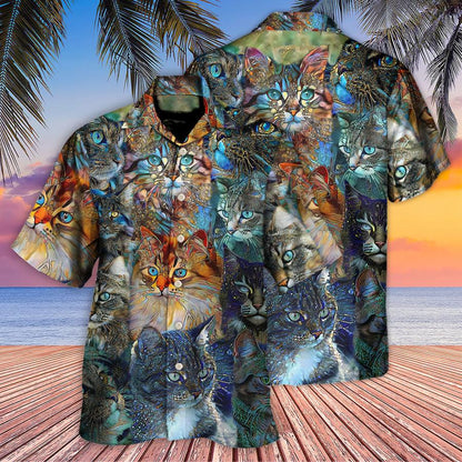 Cat Hawaiian Shirts For Summer, Cat Glass Art Colorful Aloha Shirts, Best Cool Cat Hawaiian Shirts Outfit For Men Women, Friend, Team, Cat Lovers - Amzanimalsgift