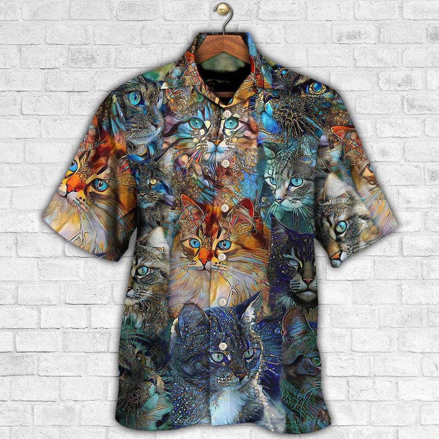 Cat Hawaiian Shirts For Summer, Cat Glass Art Colorful Aloha Shirts, Best Cool Cat Hawaiian Shirts Outfit For Men Women, Friend, Team, Cat Lovers - Amzanimalsgift