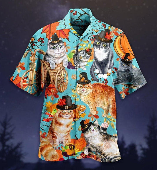 Cat Hawaiian Shirts For Summer, Cat Happy Thanksgiving Aloha Shirts, Cat Hawaiian Shirts Outfit For Men Women, Friend, Team, Cat Lovers, Thanksgiving Day - Amzanimalsgift