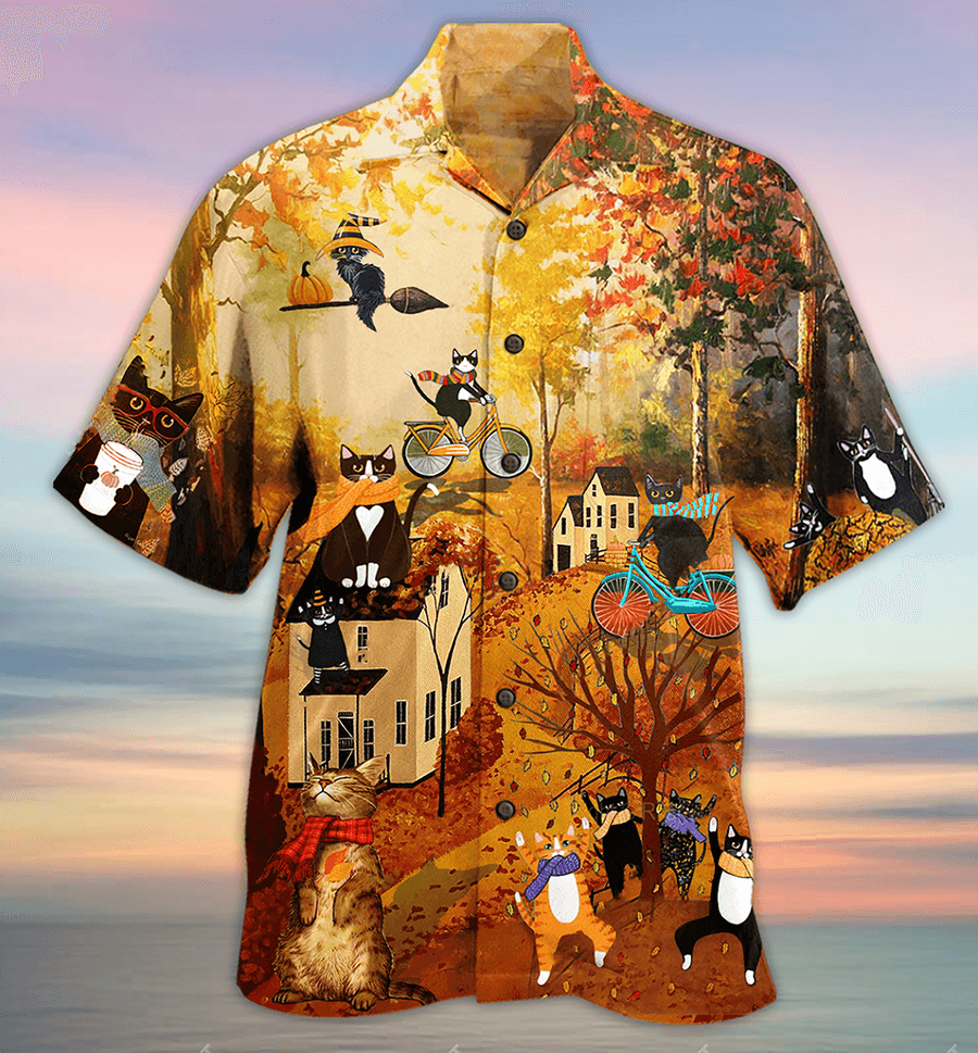 Cat Hawaiian Shirts For Summer, Cat In Autumn Aloha Shirts, Best Colorful Cool Cat Hawaiian Shirts Outfit For Men Women, Friend, Team, Cat Lovers - Amzanimalsgift