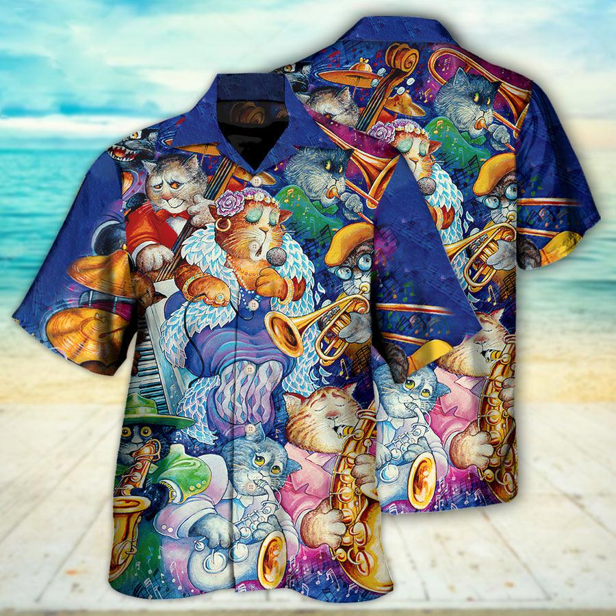Cat Hawaiian Shirts For Summer, Cat Jazz Music Funny Aloha Shirts, Best Colorful Cool Cat Hawaiian Shirts Outfit For Men Women, Friend, Team, Cat Lovers - Amzanimalsgift