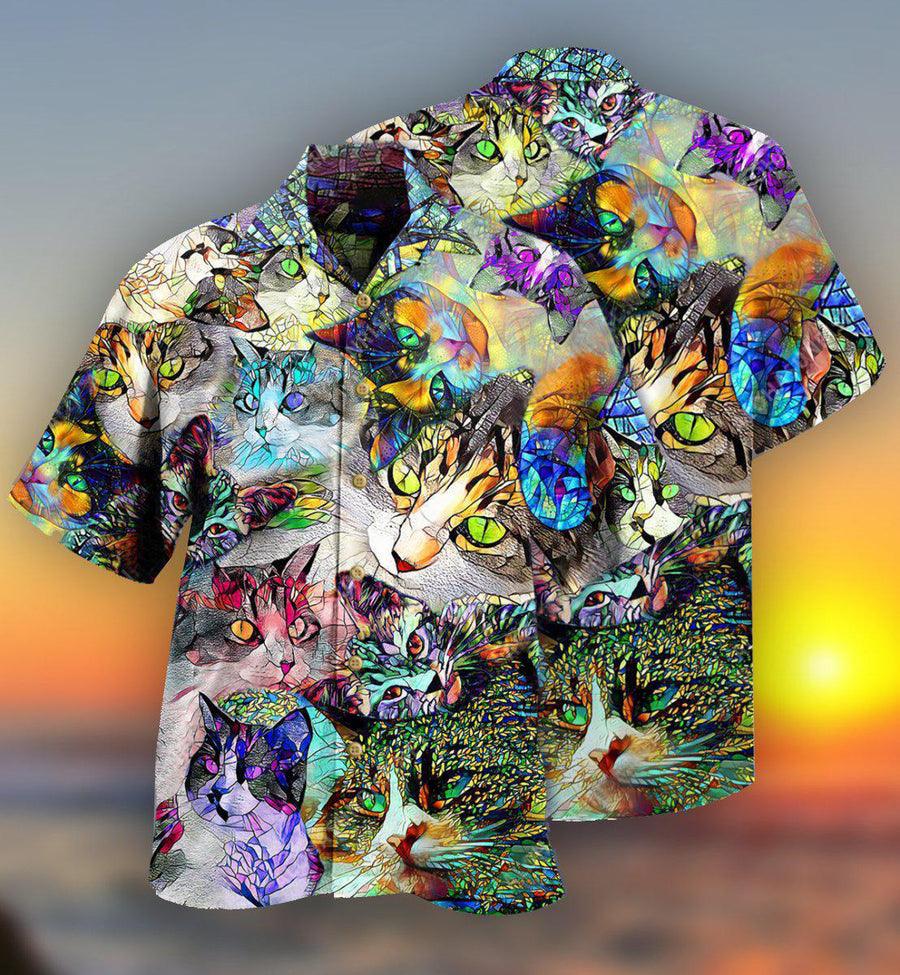 Cat Hawaiian Shirts For Summer, Cat Stained Glass, Best Colorful Cat Hawaiian Shirts Outfit For Men Women, Friend, Team, Cat Lovers - Amzanimalsgift