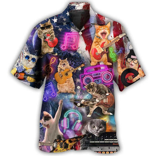 Cat Hawaiian Shirts For Summer, Independence Day Cat Rocker Happy Aloha Shirts - Best Cat Hawaiian Shirts Outfit For Men Women, Friend, Cat Lovers - Amzanimalsgift