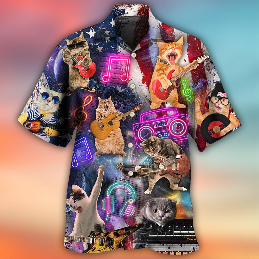 Cat Hawaiian Shirts For Summer, Independence Day Cat Rocker Happy Aloha Shirts - Best Cat Hawaiian Shirts Outfit For Men Women, Friend, Cat Lovers - Amzanimalsgift