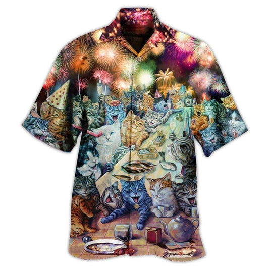 Cat Hawaiian Shirts For Summer, New Years Party Of The Cats Aloha Shirts, Best Colorful Cool Cat Hawaiian Shirts Outfit For Men Women, Friend, Team, Cat Lovers - Amzanimalsgift