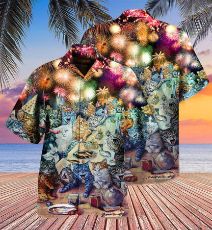 Cat Hawaiian Shirts For Summer, New Years Party Of The Cats Aloha Shirts, Best Colorful Cool Cat Hawaiian Shirts Outfit For Men Women, Friend, Team, Cat Lovers - Amzanimalsgift