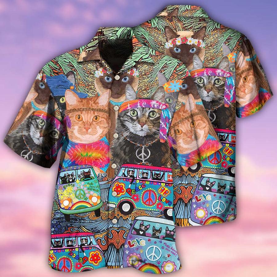 Cat Hippie Aloha Hawaiian Shirt For Summer, Best Colorful Cat Love Life In Bus Hawaiian Shirts Outfit For Men Women, Friend, Team, Cat Lover - Amzanimalsgift