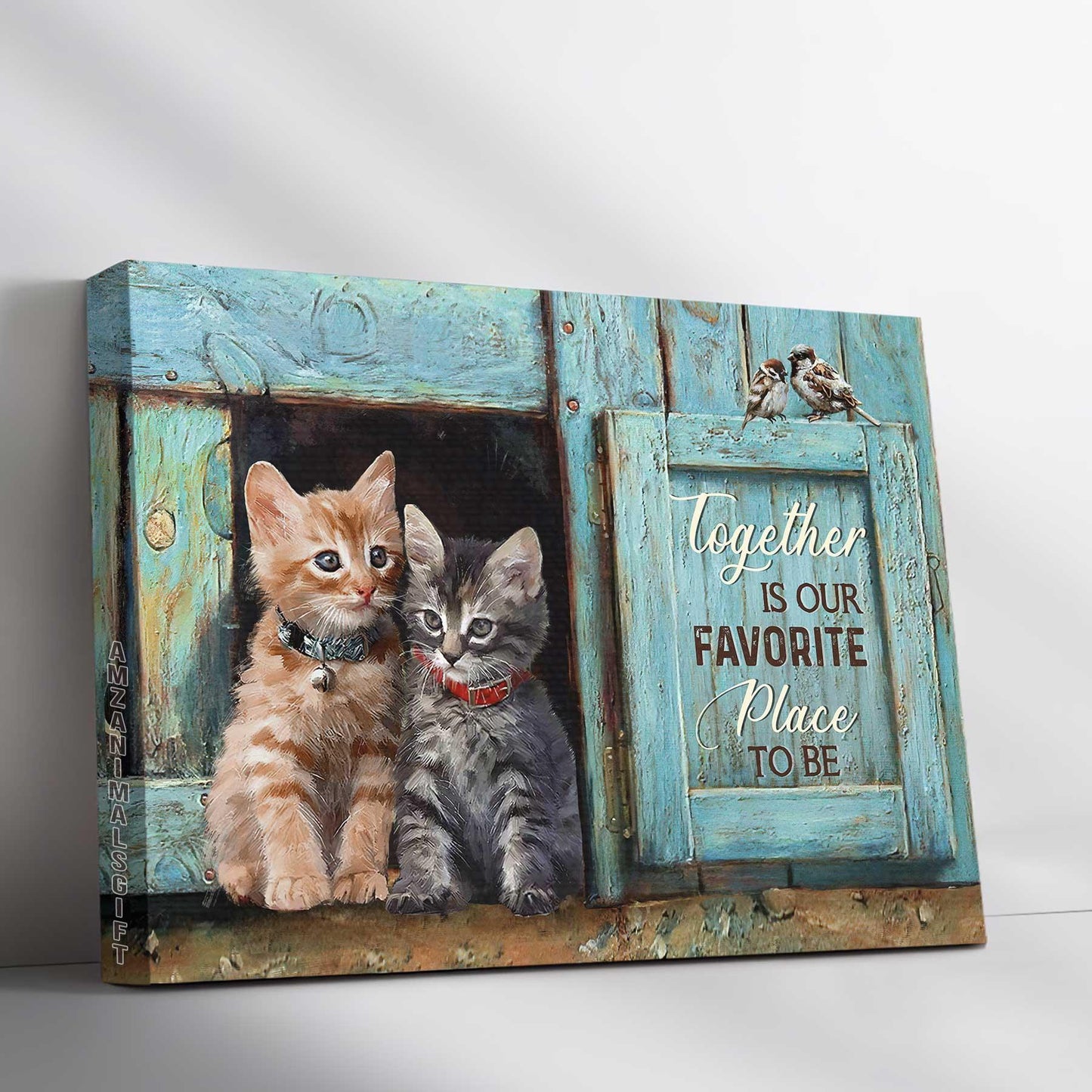 Cat Landscape Canvas - Pretty little cat drawing, Antique window - Together is our favorite place to be - Gift for cat lover, Family - Amzanimalsgift