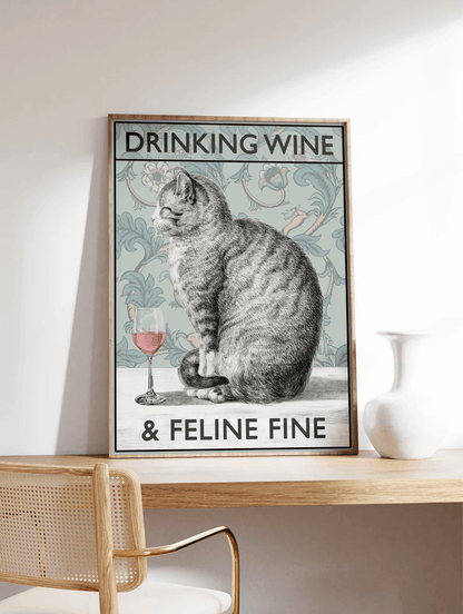 Cat Portrait Canvas - Cat Drinking Wine & Feline Fine, Funny Cat- Perfect Gift For Cat Lovers, Cat Owners, Wine Lovers - Amzanimalsgift