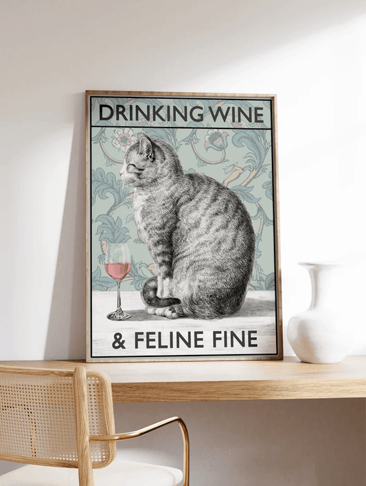 Cat Portrait Canvas - Cat Drinking Wine & Feline Fine, Funny Cat- Perfect Gift For Cat Lovers, Cat Owners, Wine Lovers - Amzanimalsgift