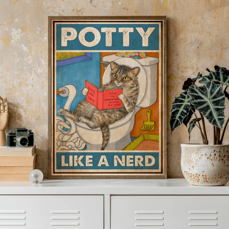 Cat Portrait Canvas - Cat Potty Like A Nerd, Cat Loves Books - Gift For Cat Lovers, Cat Owners, Book Lovers - Amzanimalsgift