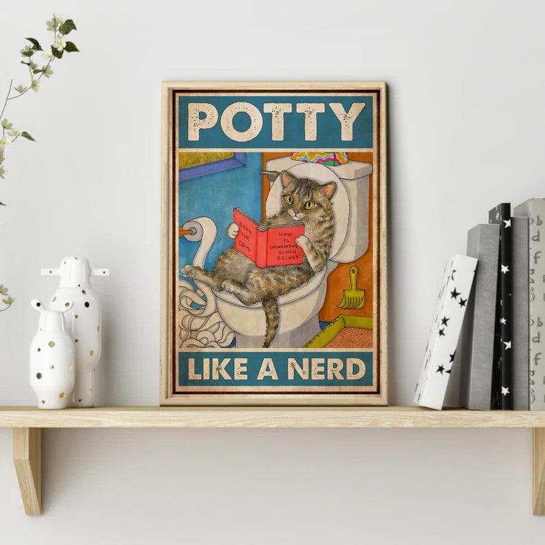 Cat Portrait Canvas - Cat Potty Like A Nerd, Cat Loves Books - Gift For Cat Lovers, Cat Owners, Book Lovers - Amzanimalsgift